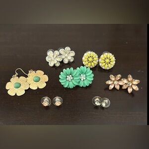 Floral Earrings Set of 7 Pairs - Gold, Silver, Yellow, Green & Pink